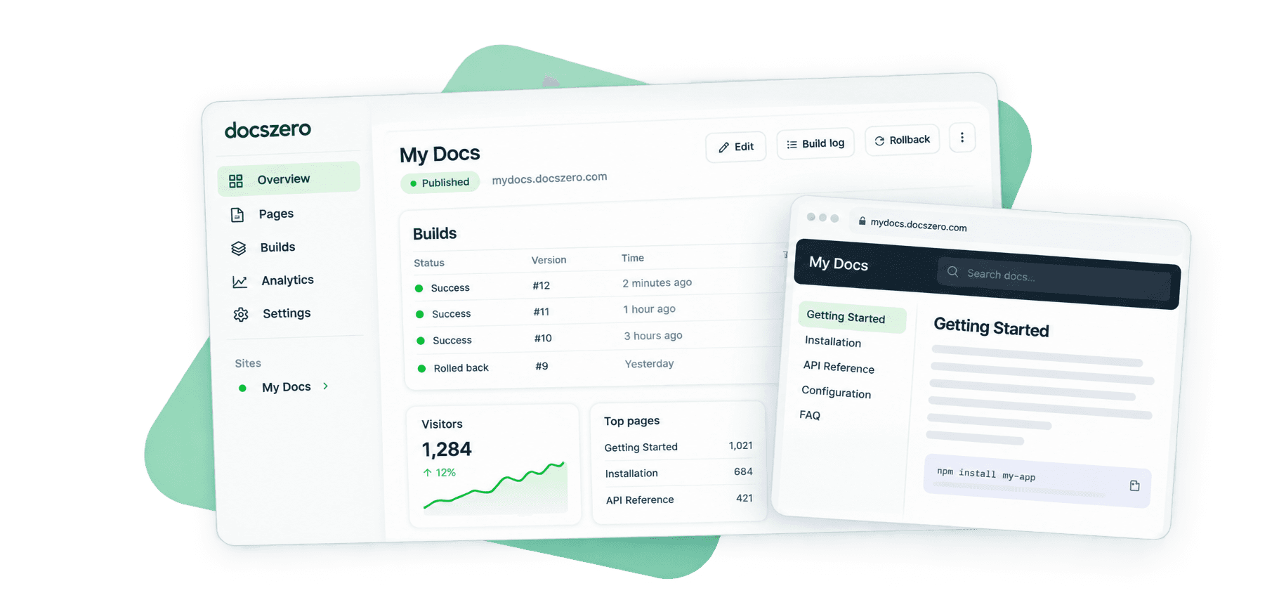 The Docszero dashboard showing a published site, its build history and reader numbers, beside the documentation site it publishes.